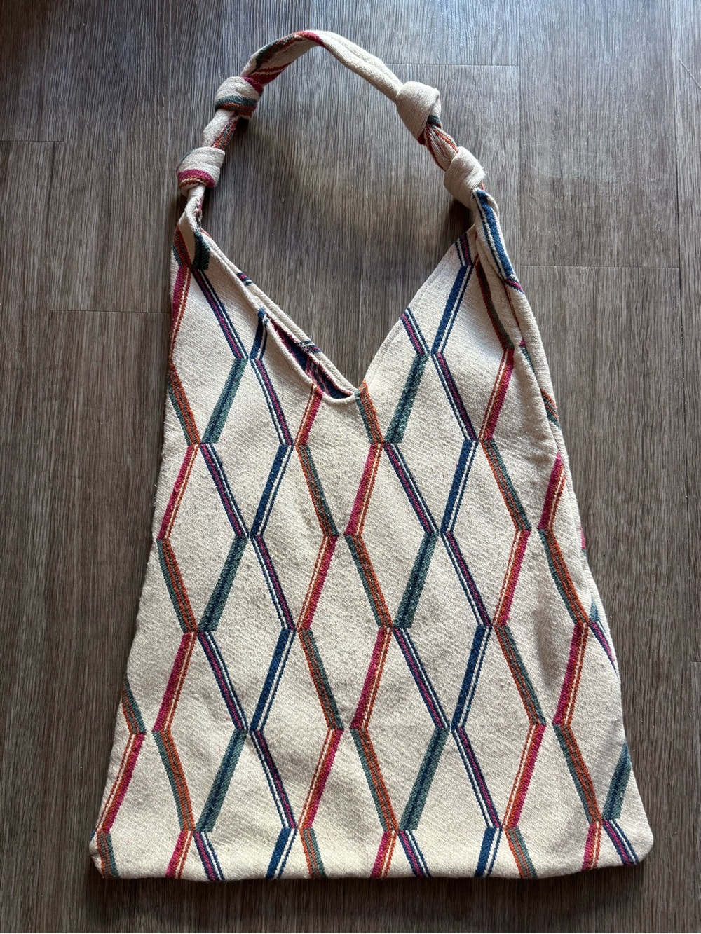 Zara Boho Diamond Pattern Tote Bag in Cream with Multicolor Accents